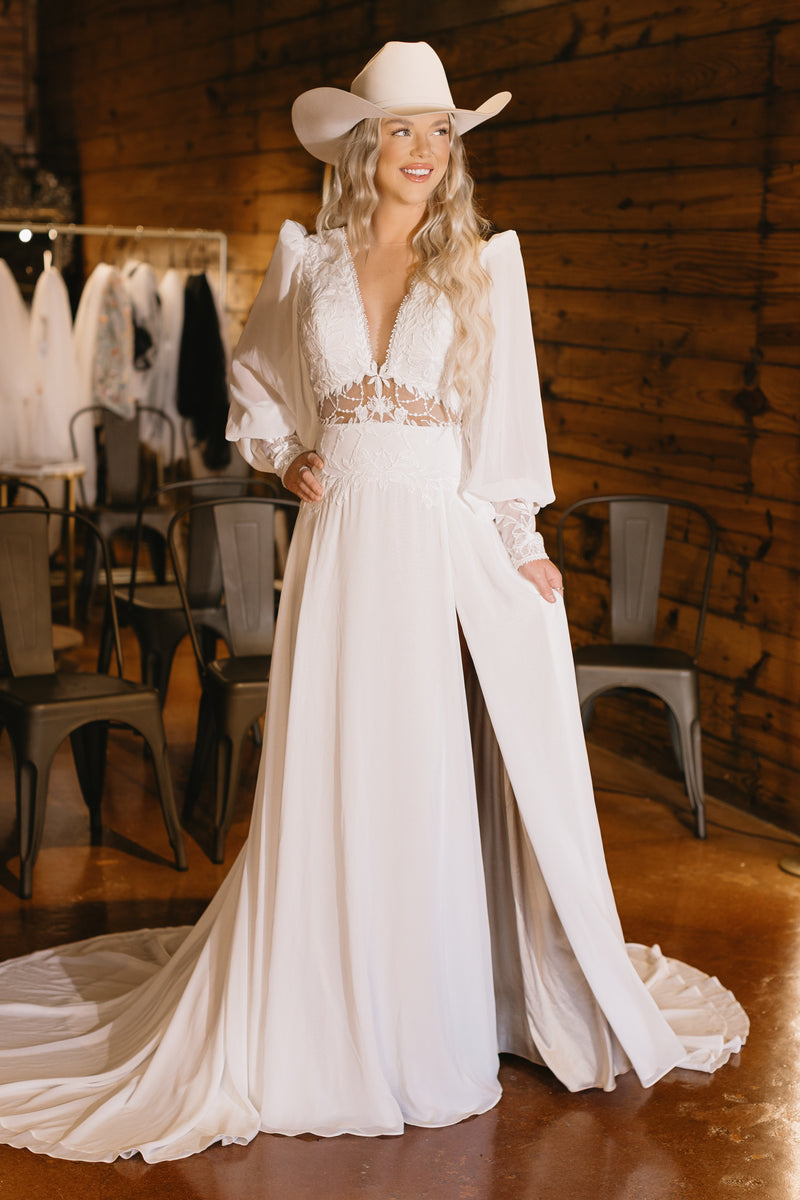 long sleeve flowy boho wedding dress Unique Long Sleeves V Back Boho Beach Rustic Lace Wedding Dresses main image 0